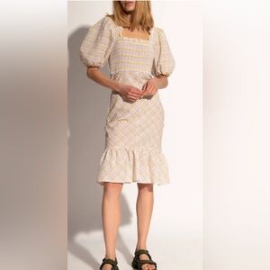 NWT Ganni size 8 (40) midi dress Yellow Plaid Puff Sleeve Dress